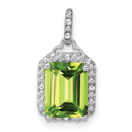 14k White Gold Peridot Pendant with Diamond Halo, Emerald-Cut August Birthstone Jewelry