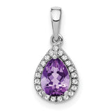 14k White Gold Teardrop Pendant with Pear Shaped Amethyst and Diamond Halo