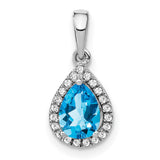 14k White Gold Teardrop Pendant with Pear Shaped Swiss Blue Topaz and Diamond Halo