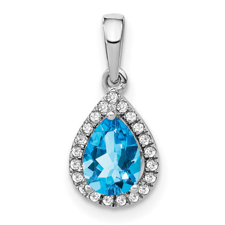 14k White Gold Teardrop Pendant with Pear Shaped Swiss Blue Topaz and Diamond Halo