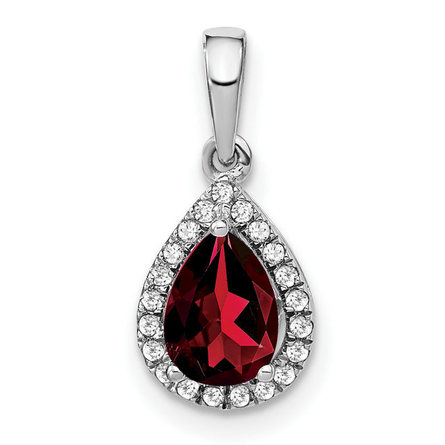 14k White Gold Teardrop Garnet and Diamond Pendant with Halo Design for Women