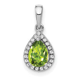 14k White Gold Teardrop Pendant with Pear Cut Peridot and Diamond Halo Design