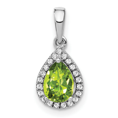 14k White Gold Teardrop Pendant with Pear Cut Peridot and Diamond Halo Design