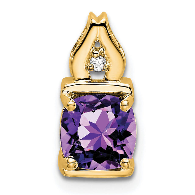 14k Yellow Gold Pendant with Amethyst and Diamond Accent, Flame Design, Womens February Birthstone
