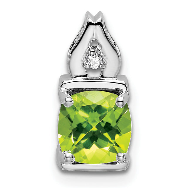 14k White Gold Pendant with Cushion Cut Peridot and Diamond Accent, August Birthstone Style