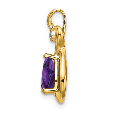 Pear Amethyst and Diamond Charm Pendant in Real 14k Yellow Gold