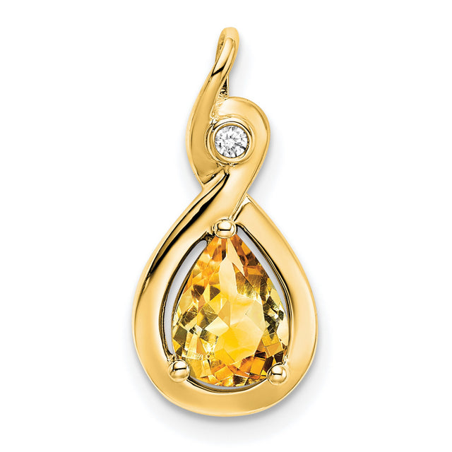 14k Yellow Gold Teardrop Pendant with Pear Citrine and Diamond Accent, Twisted Design