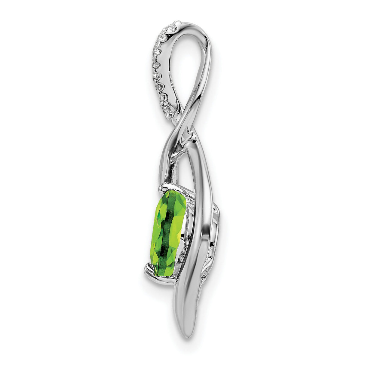 14k White Gold Pendant with Round Peridot and Diamond Swirl Accent Twist Design