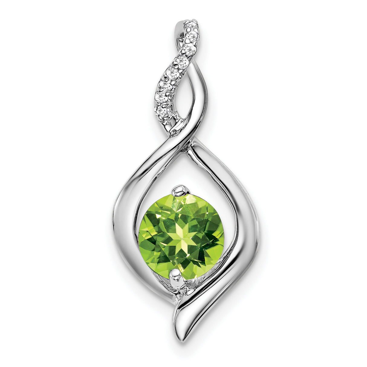 14k White Gold Pendant with Round Peridot and Diamond Swirl Accent Twist Design