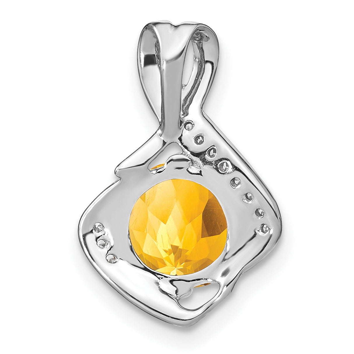 14k White Gold Pendant with Round Citrine and Diamond Accents, Modern Flowing Design
