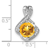 14k White Gold Pendant with Round Citrine and Diamond Accents, Modern Flowing Design
