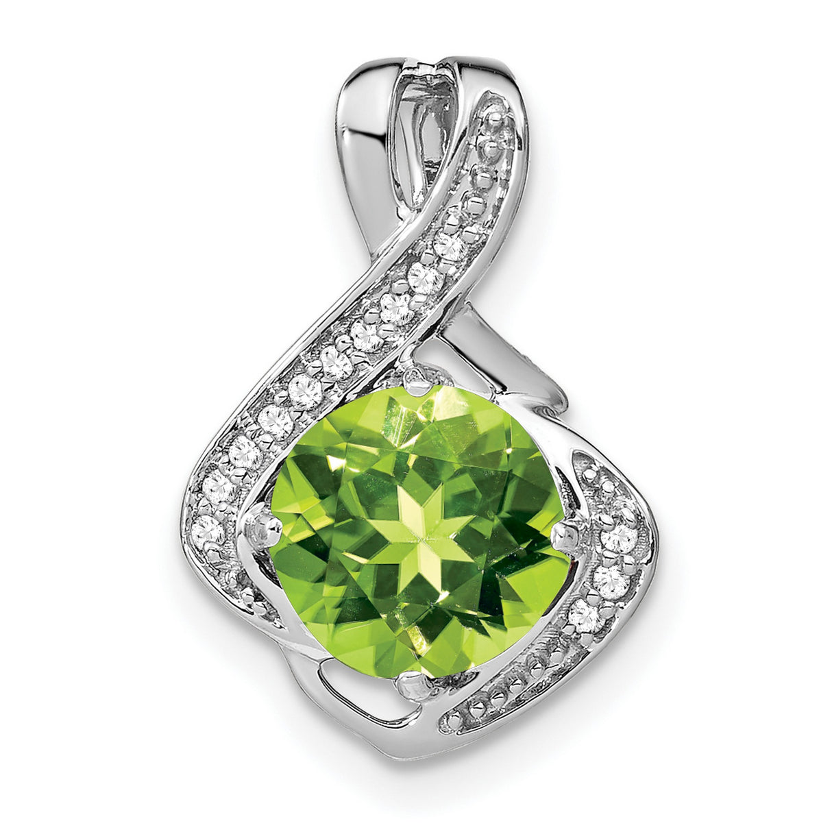 14k White Gold Pendant with Peridot and Diamond Accents, Swirl Design, August Birthstone Jewelry