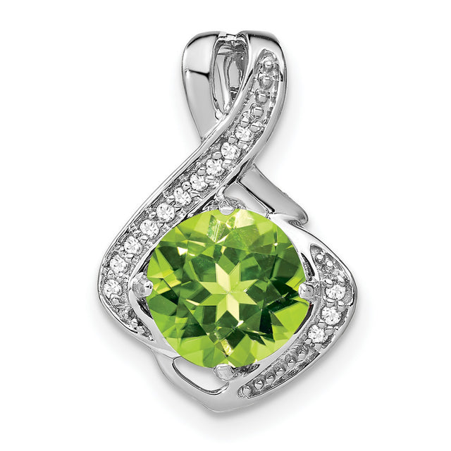 14k White Gold Pendant with Peridot and Diamond Accents, Swirl Design, August Birthstone Jewelry