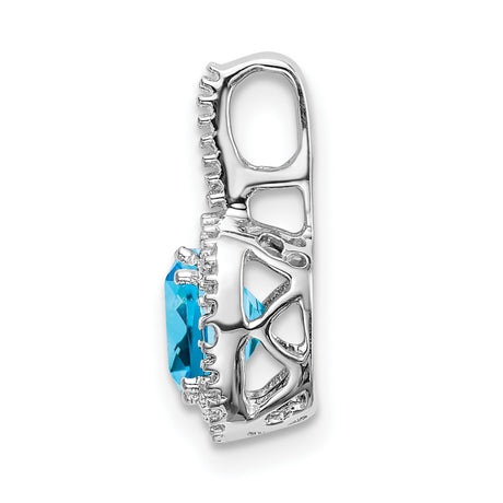 14k White Gold Pendant with Cushion Cut Swiss Blue Topaz and Diamond Halo