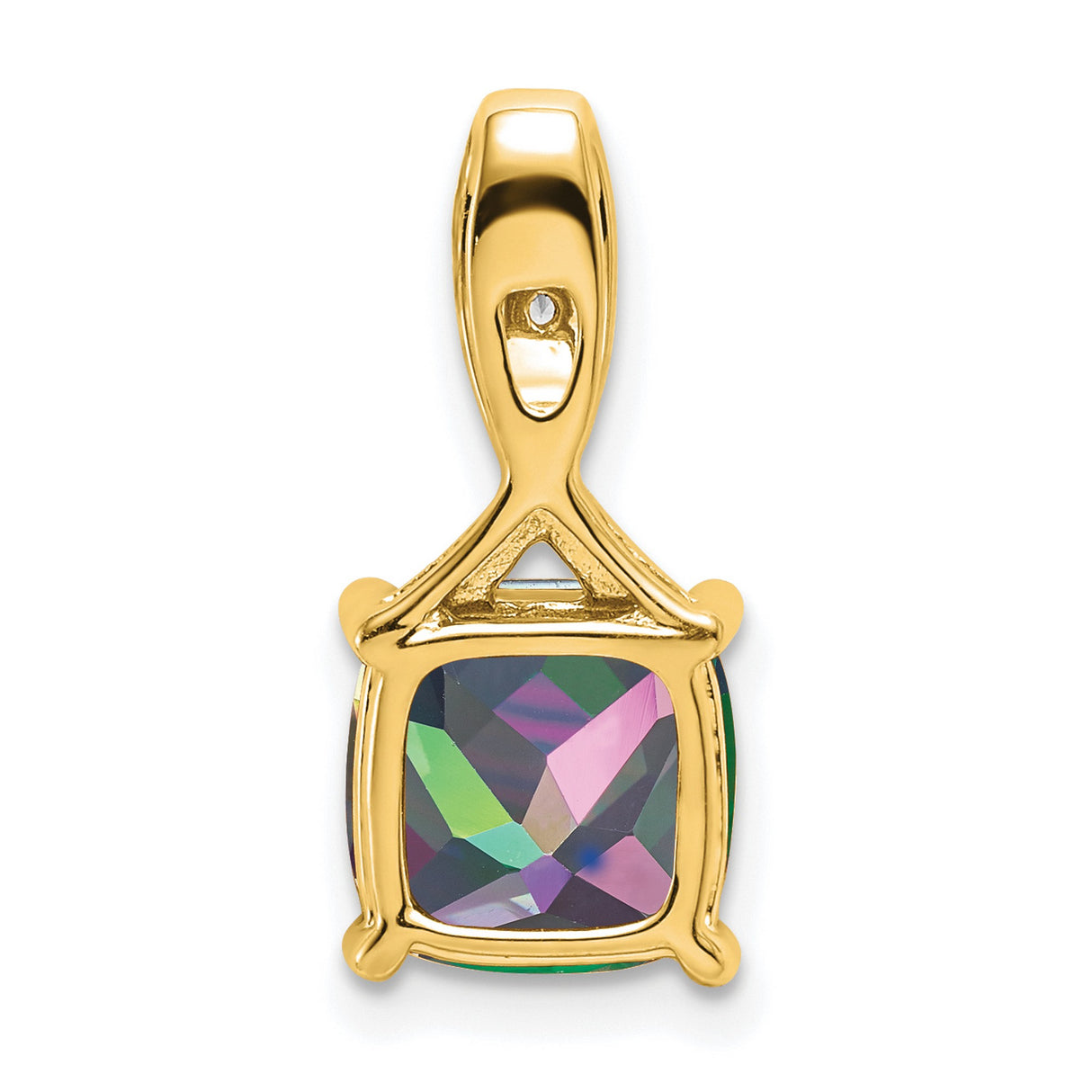 14k Yellow Gold Pendant with Cushion Cut Mystic Fire Topaz and Diamond Accents, Twisted Bail Design