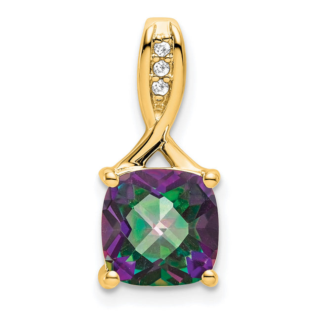 14k Yellow Gold Pendant with Cushion Cut Mystic Fire Topaz and Diamond Accents, Twisted Bail Design