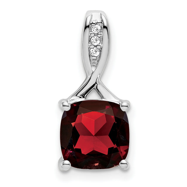 Cushion Garnet and Diamond Charm Pendant in Real 14k White Gold