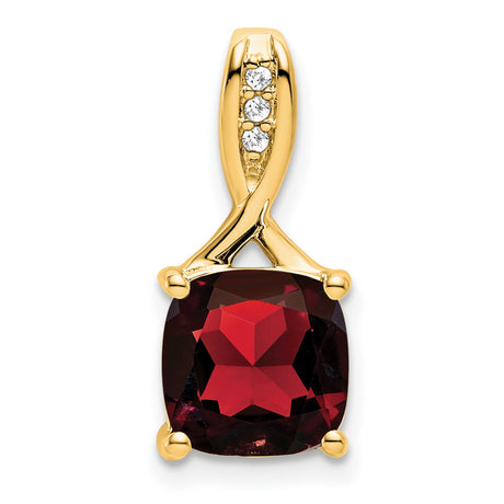 14k Yellow Gold Garnet Pendant with Diamond Accents, Cushion Cut, Crisscross Bail, January Birthstone