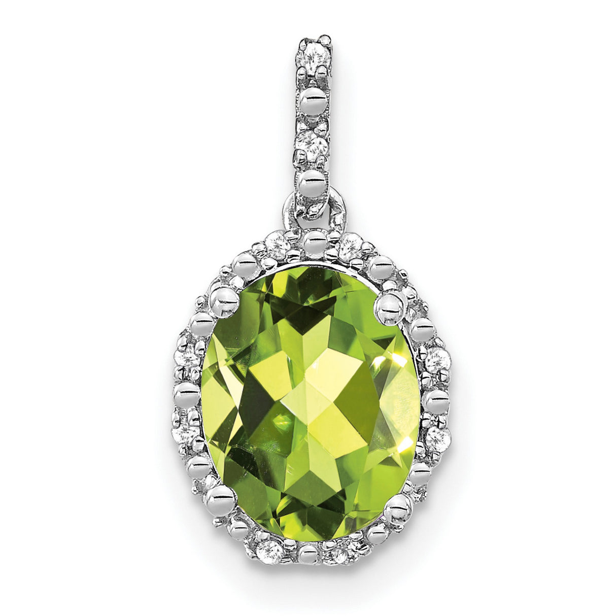 14k White Gold Peridot Pendant with Diamond Accents, Oval Halo Design
