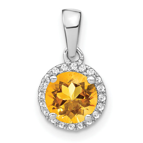 14k White Gold Pendant with Citrine Center and Diamond Halo, Classic Charm Design for Women