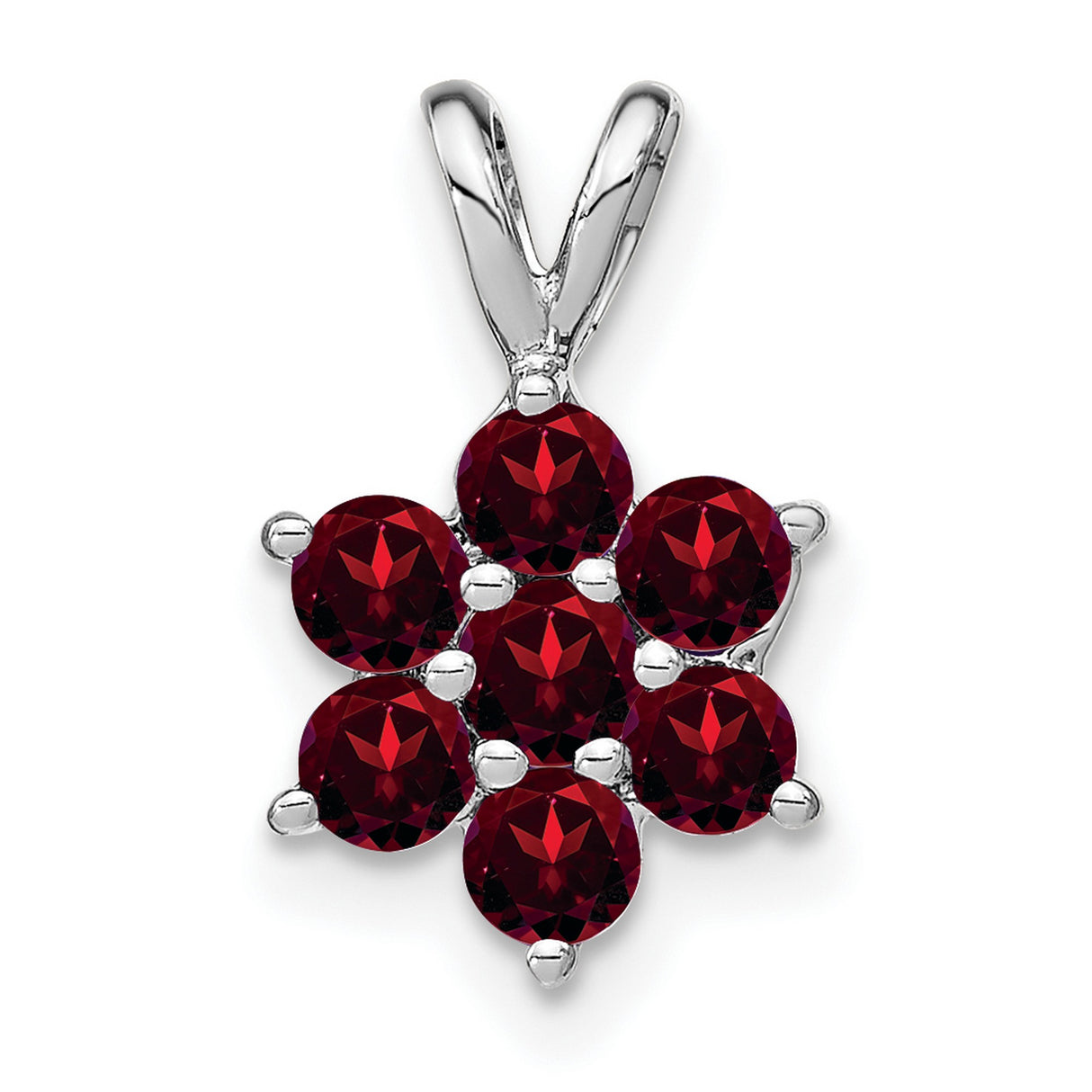 14k White Gold Floral Pendant with Garnet Gemstones, Flower Shape Charm for Women