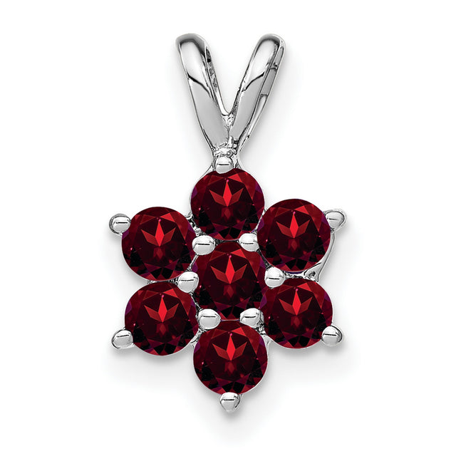 14k White Gold Floral Pendant with Garnet Gemstones, Flower Shape Charm for Women