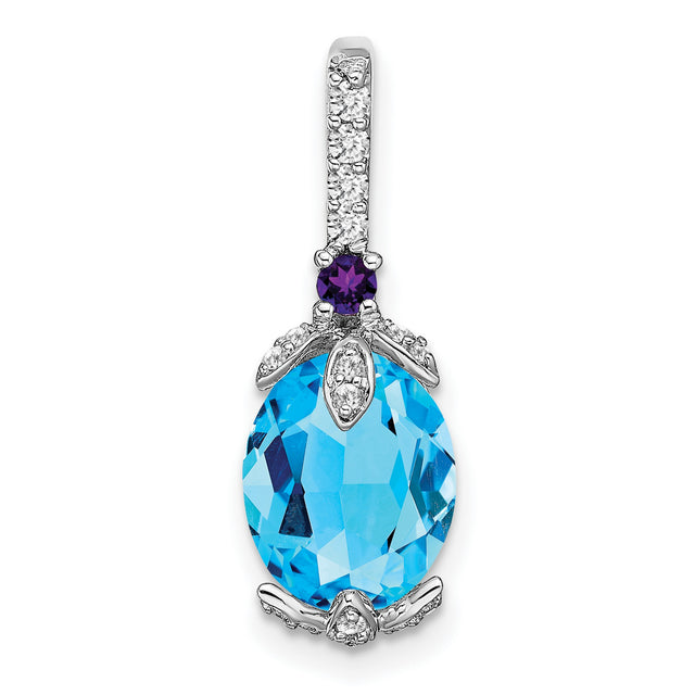 14k White Gold Pendant with Swiss Blue Topaz, Amethyst Accent, and Diamond-Like Stones