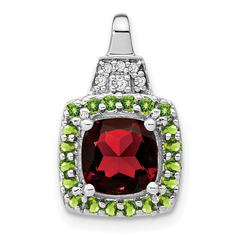 14k White Gold Pendant with Red Garnet Center, Green Peridot Halo, Diamond Accents, Halo Style