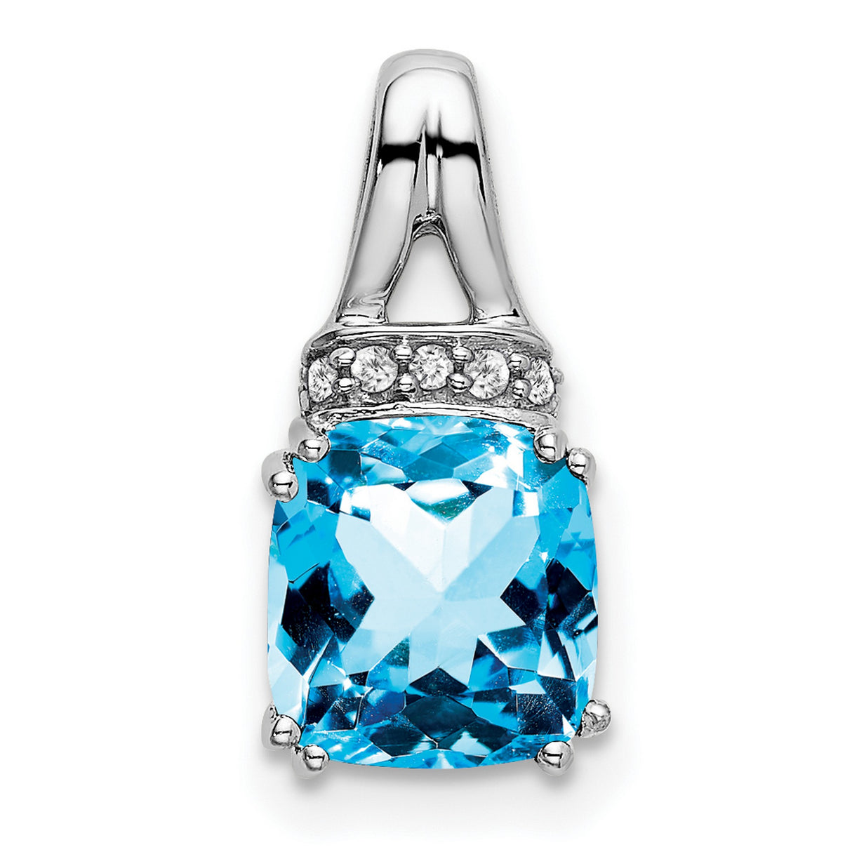 14k White Gold Pendant with Cushion Cut Swiss Blue Topaz and Diamond Accents