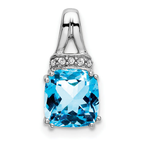 14k White Gold Pendant with Cushion Cut Swiss Blue Topaz and Diamond Accents