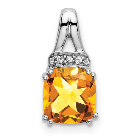 14k White Gold Pendant with Cushion Cut Citrine and Diamond Accents, Modern Design