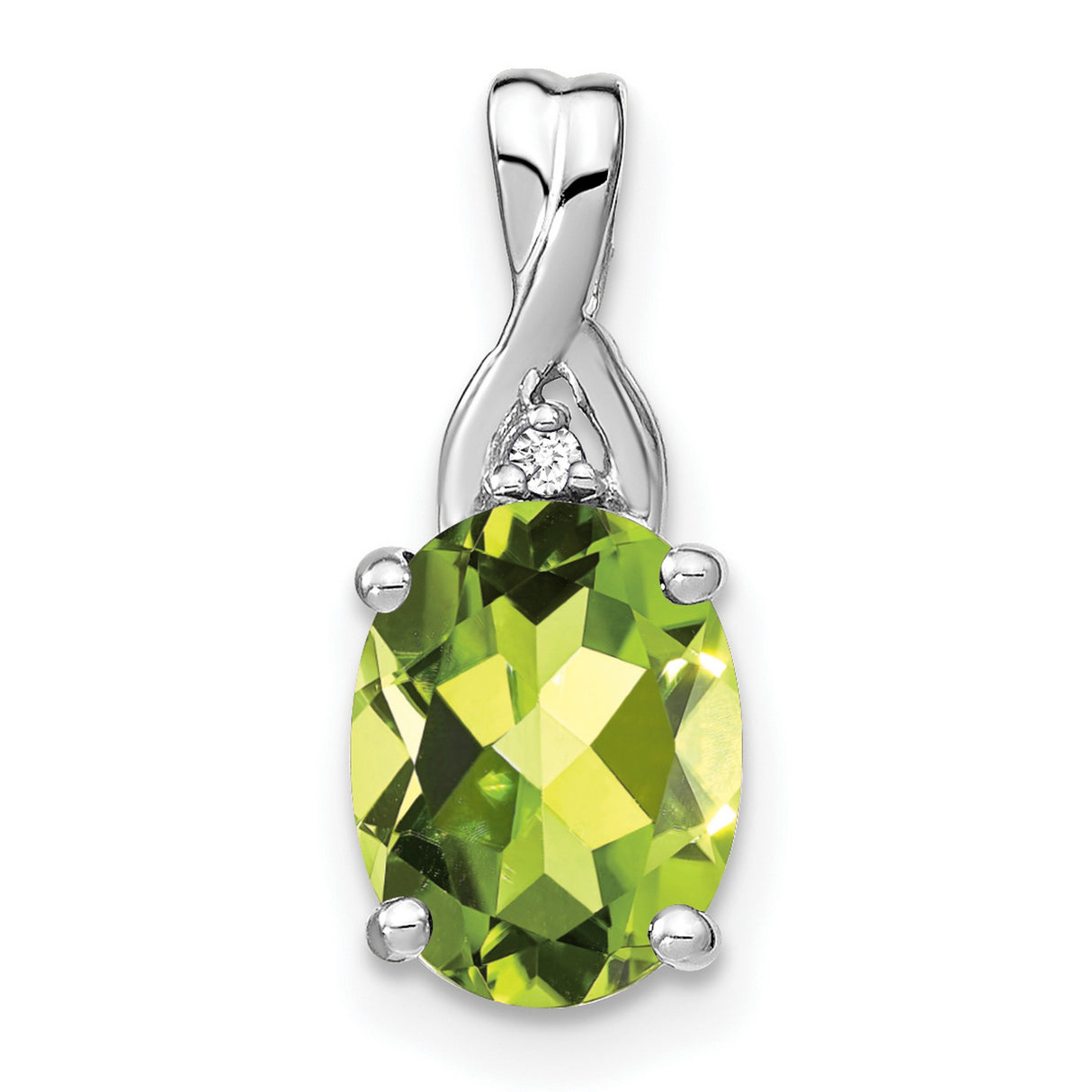 14k White Gold Peridot Pendant with Diamond Accent, Twisted Bale Design for Women
