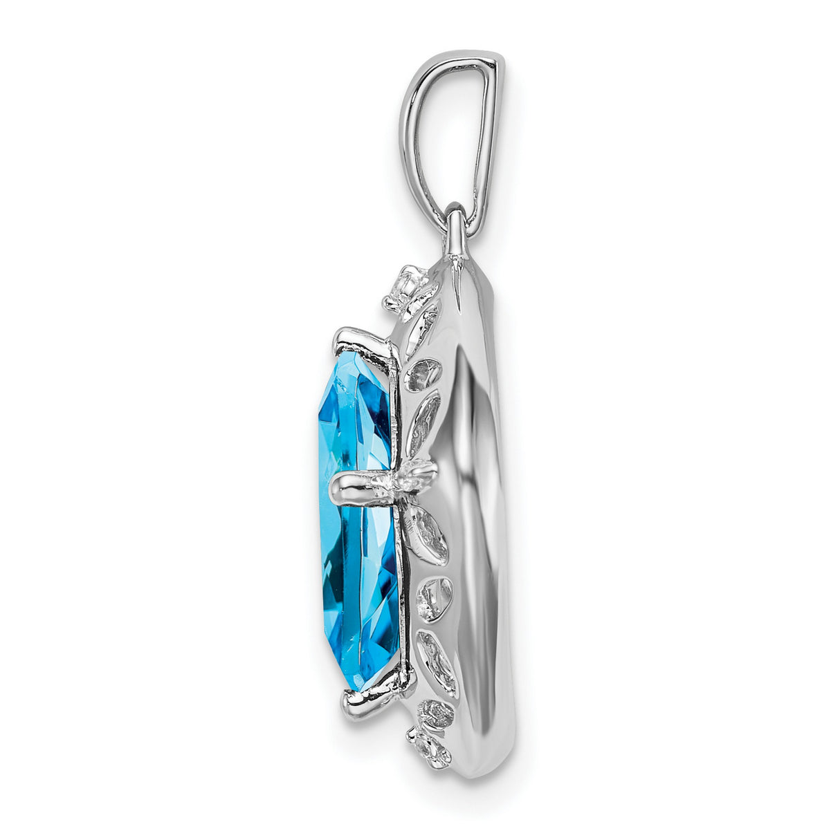 Sterling Silver Pendant with Swiss Blue Topaz and Diamond, Leaf Motif, Botanical Design for Women