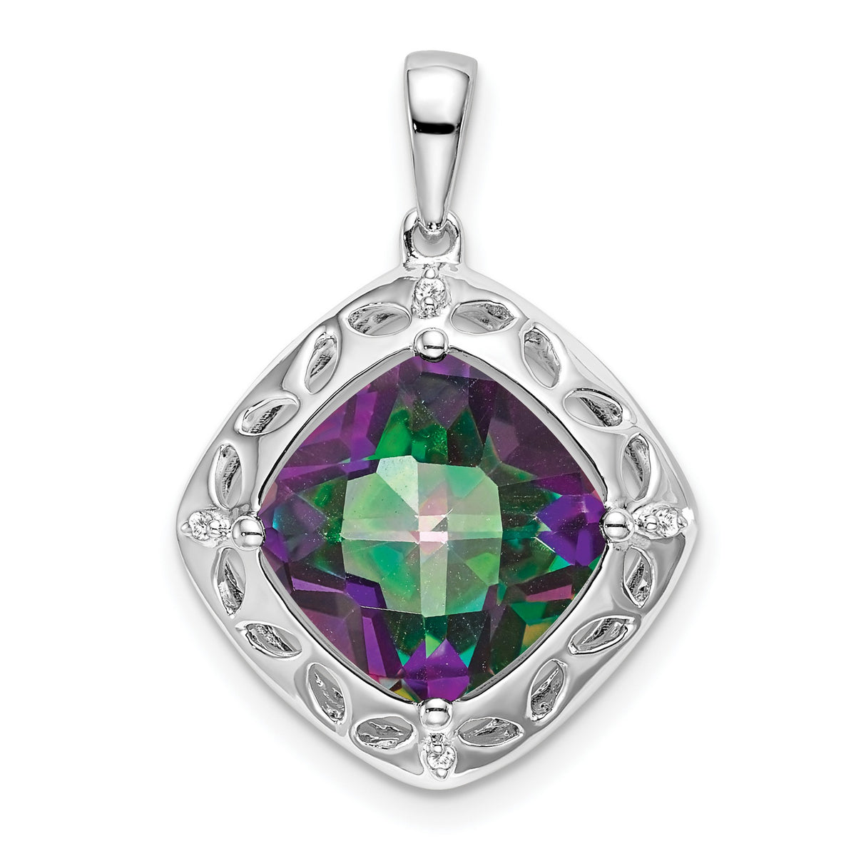 Sterling Silver Pendant with Cushion Cut Mystic Fire Topaz and Diamond, Leaf Design