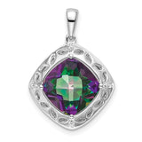 Sterling Silver Pendant with Cushion Cut Mystic Fire Topaz and Diamond, Leaf Design