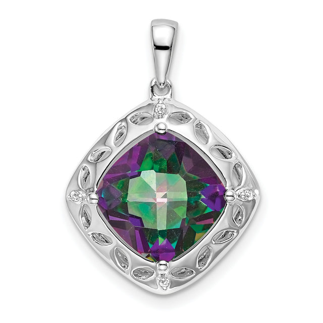Sterling Silver Pendant with Cushion Cut Mystic Fire Topaz and Diamond, Leaf Design