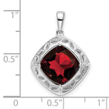 Sterling Silver Pendant with Garnet and Diamond, Leaf Openwork Frame, Nature-Inspired Design
