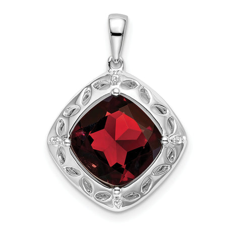 Sterling Silver Pendant with Garnet and Diamond, Leaf Openwork Frame, Nature-Inspired Design