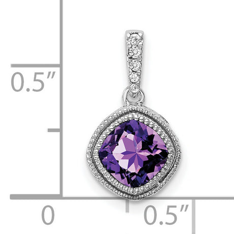 10k White Gold Amethyst Pendant with Diamond Halo and Small Stone Bail for Women