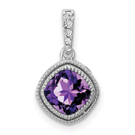10k White Gold Amethyst Pendant with Diamond Halo and Small Stone Bail for Women