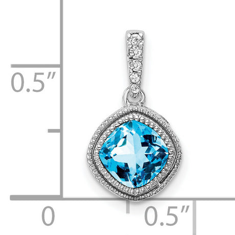 10k White Gold Pendant with Cushion Cut Blue Topaz and Diamond Halo