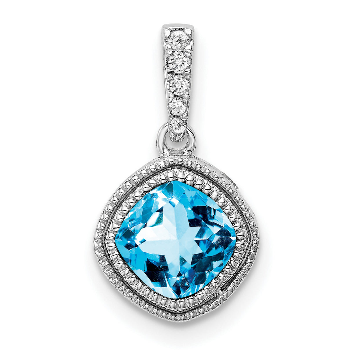 10k White Gold Pendant with Cushion Cut Blue Topaz and Diamond Halo