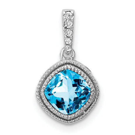 10k White Gold Pendant with Cushion Cut Blue Topaz and Diamond Halo