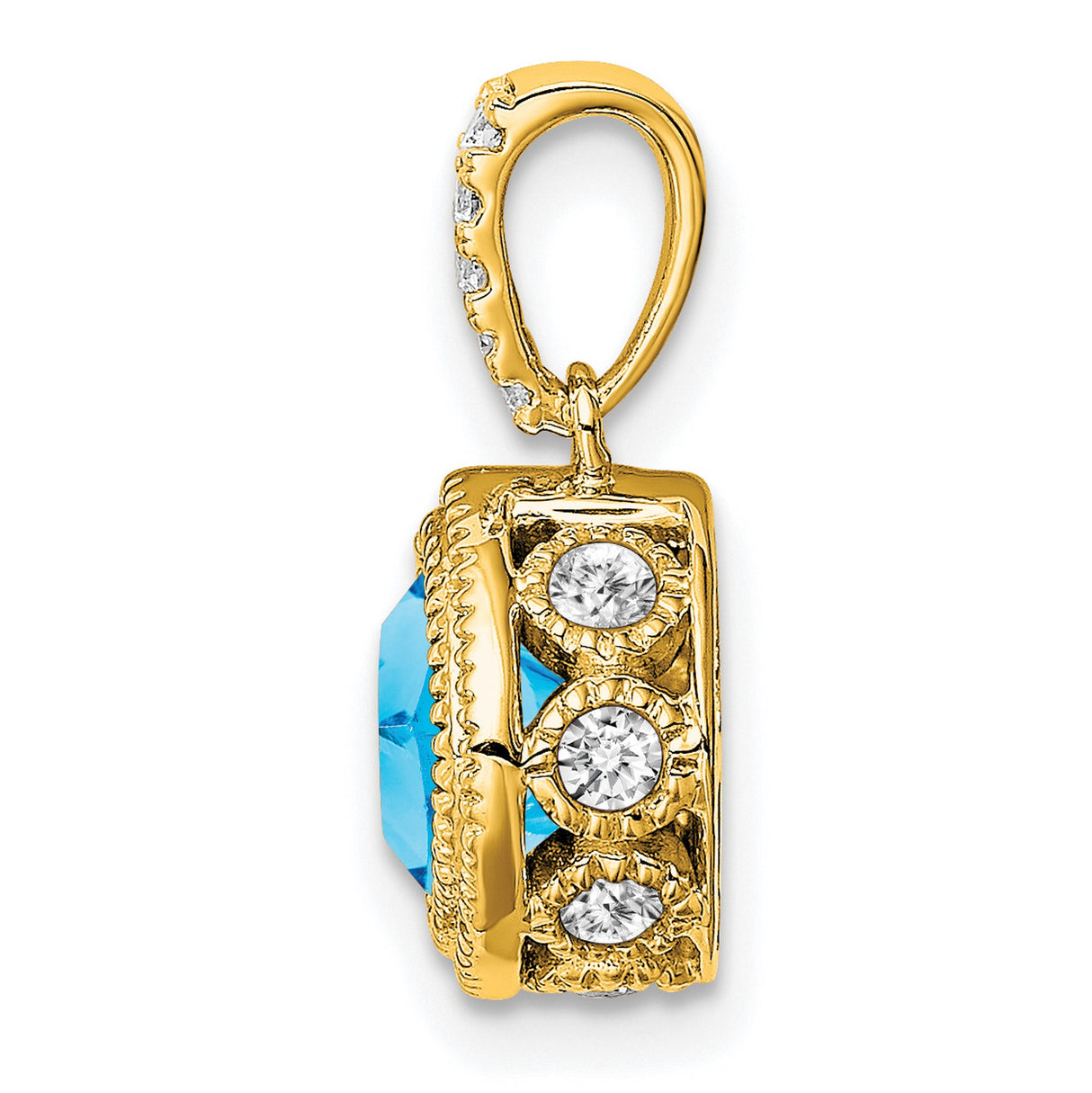 14k Yellow Gold Pendant with Swiss Blue Topaz, Diamond Accent Bail, Detailed Border
