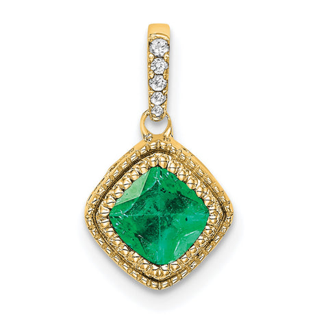 Cushion Emerald and Diamond Charm Pendant in Real 10k Yellow Gold
