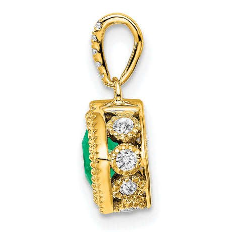 14k Yellow Gold Pendant with Square Cut Emerald, Diamond Accent Bail, Textured Detail