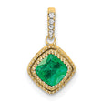 14k Yellow Gold Pendant with Square Cut Emerald, Diamond Accent Bail, Textured Detail