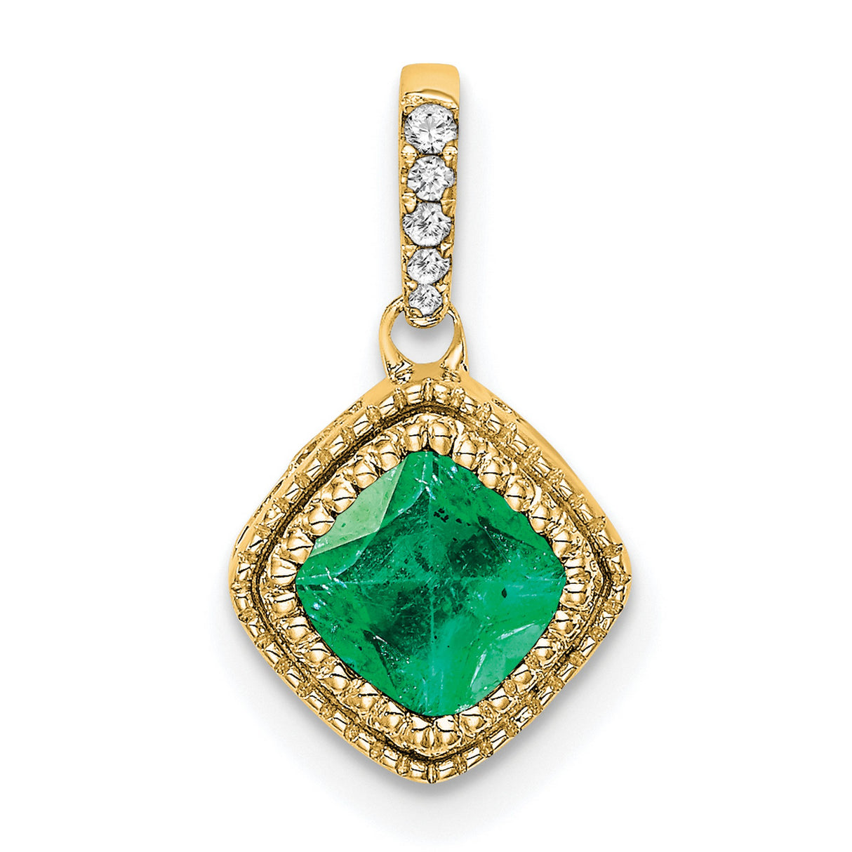 14k Yellow Gold Pendant with Square Cut Emerald, Diamond Accent Bail, Textured Detail