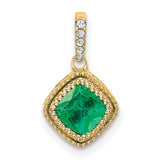 14k Yellow Gold Pendant with Square Cut Emerald, Diamond Accent Bail, Textured Detail