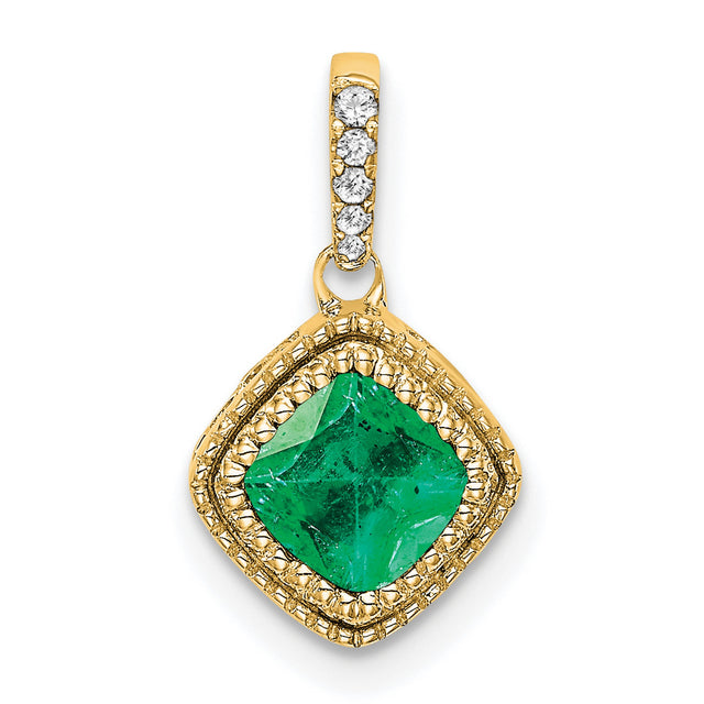 14k Yellow Gold Pendant with Square Cut Emerald, Diamond Accent Bail, Textured Detail